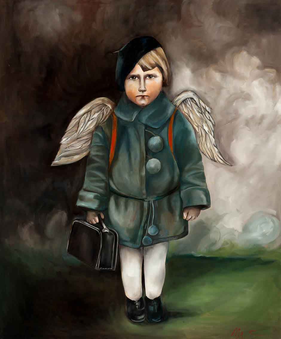 Ein Mädchen mit Koffer und Flügeln